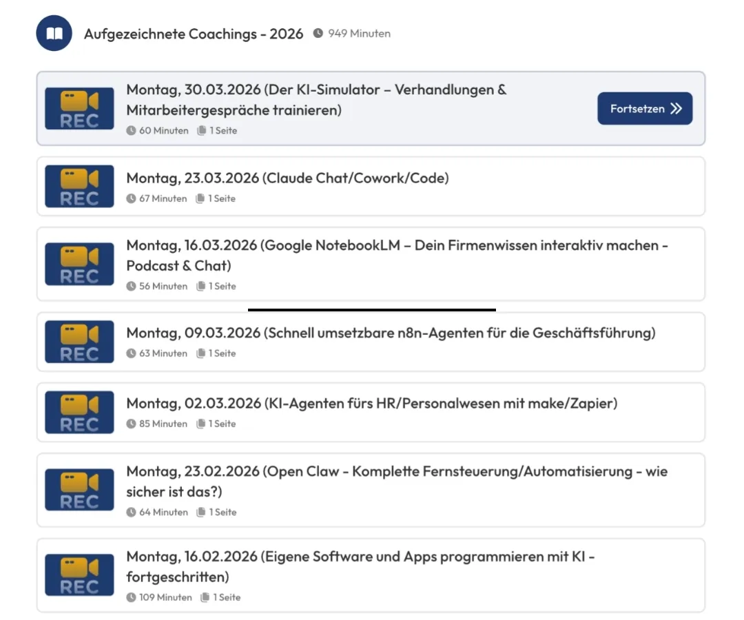 Screenshot: Aufgezeichnete KI-Power-Coachings in der Lernplattform – Liste der verfügbaren Aufzeichnungen