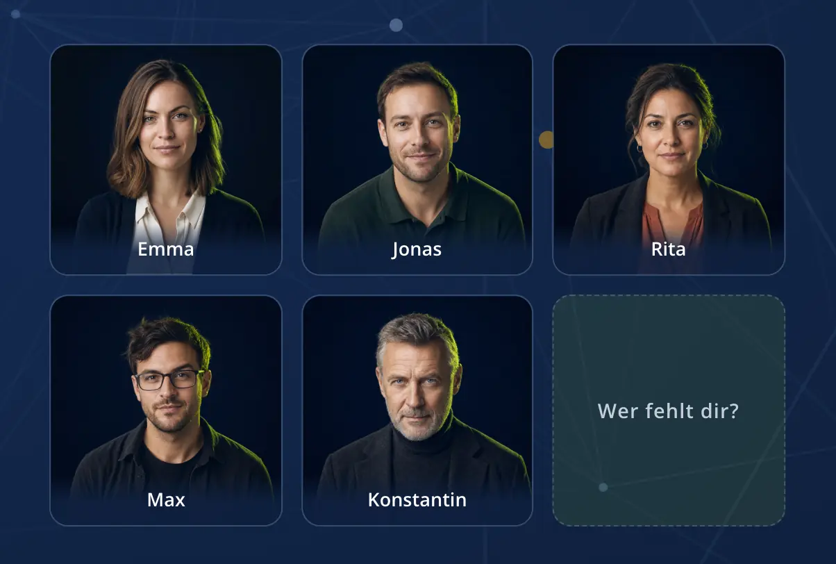 KI-Mitarbeiter Emma, Jonas, Rita, Max und Konstantin – Teamübersicht