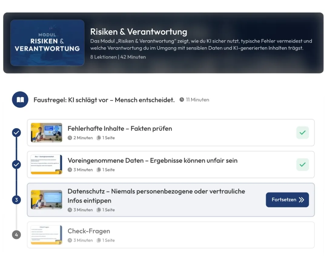 Screenshot: Dein Lernbereich in der mediapool-Lernplattform – Kursübersicht mit Lektionen zur KI-Zertifizierung