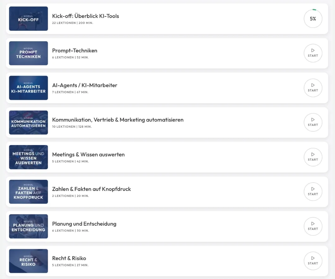 Screenshot: Dein Lernbereich in der mediapool-Lernplattform – Kursübersicht mit Lektionen zum KI-Power-Programm