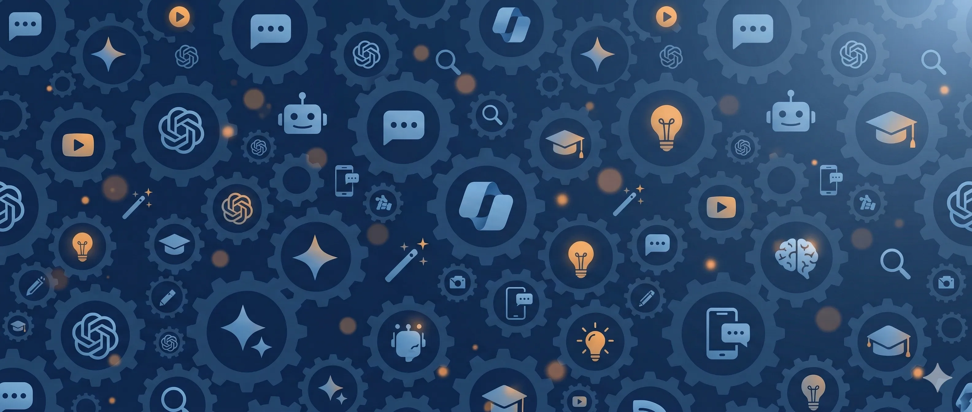 KI-Basics – dunkelblaues Motiv mit Zahnrädern und Icons zu KI, Lernen und digitalen Tools