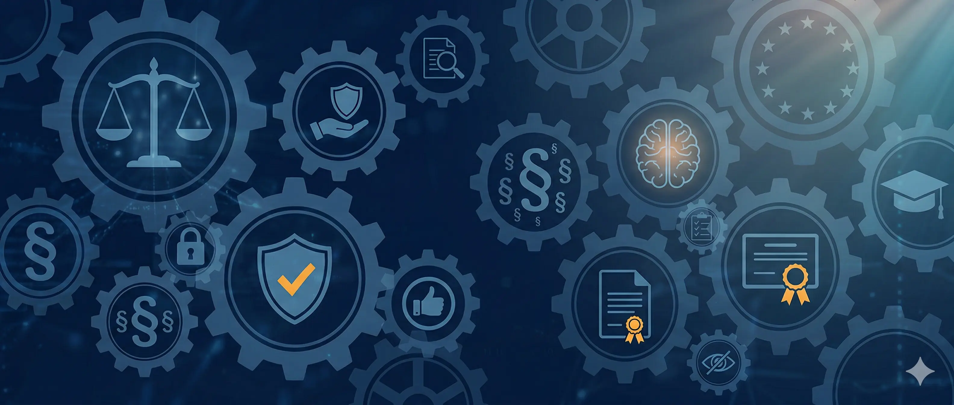 KI-Zertifizierung und EU AI Act – Zahnräder mit Symbolen für Recht, EU-Sterne, Zertifikate und Schulung