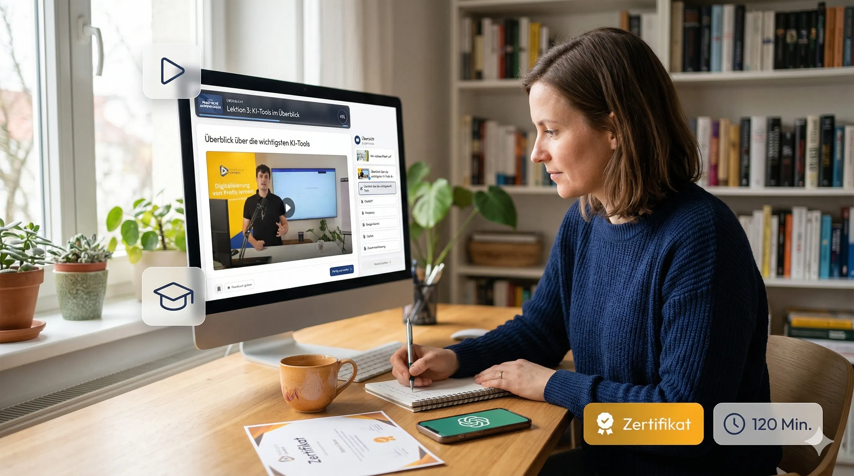 Teilnehmerin am Schreibtisch beim KI-Basics-Onlinekurs: Lernplattform mit Video-Lektion zu KI-Tools auf dem Monitor