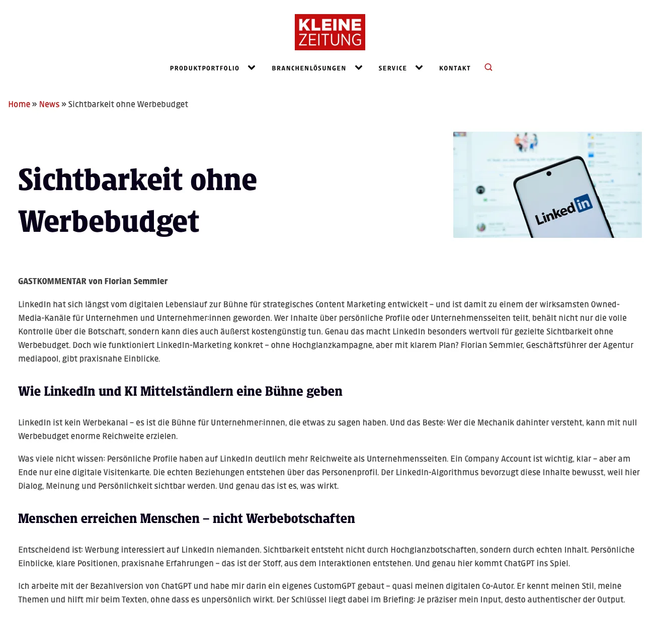 Online-Gastkommentar Kleine Zeitung: Sichtbarkeit und LinkedIn, Florian Semmler mediapool