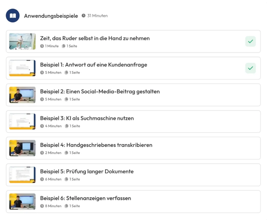 Screenshot: Dein Lernbereich in der mediapool-Lernplattform – Kursübersicht mit Lektionen