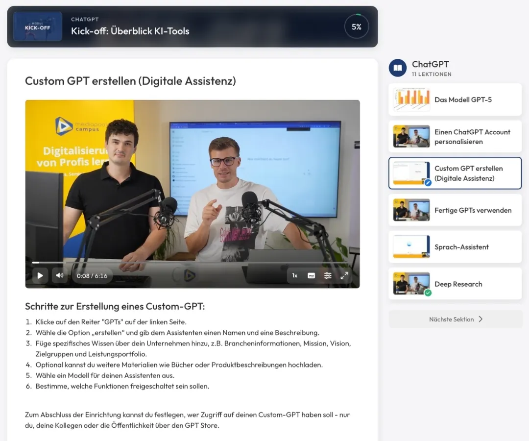 Screenshot: Videolektion mit Trainer in der mediapool-Lernplattform – KI-Power