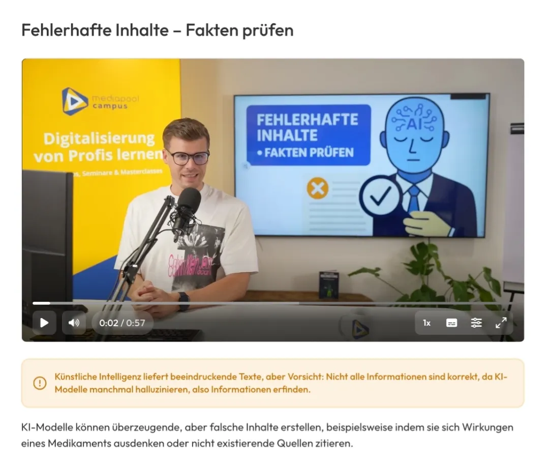 Screenshot: Videolektion mit Trainer in der mediapool-Lernplattform – KI-Zertifizierung