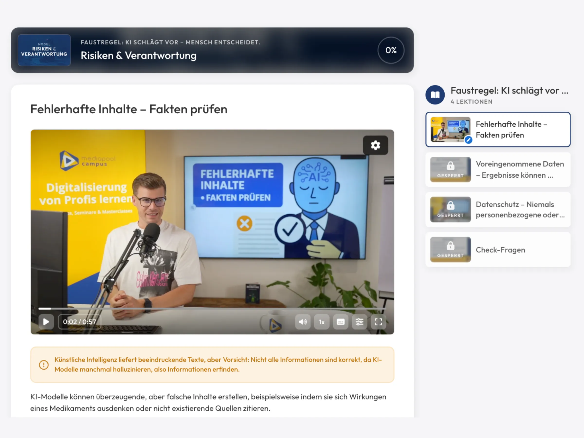 Screenshot: mediapool campus Video-Academy mit moderner Kursübersicht