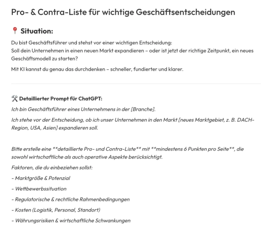 Beispiel einer sofort einsetzbaren Promptvorlage für Business-Situationen im KI-Power-Kurs