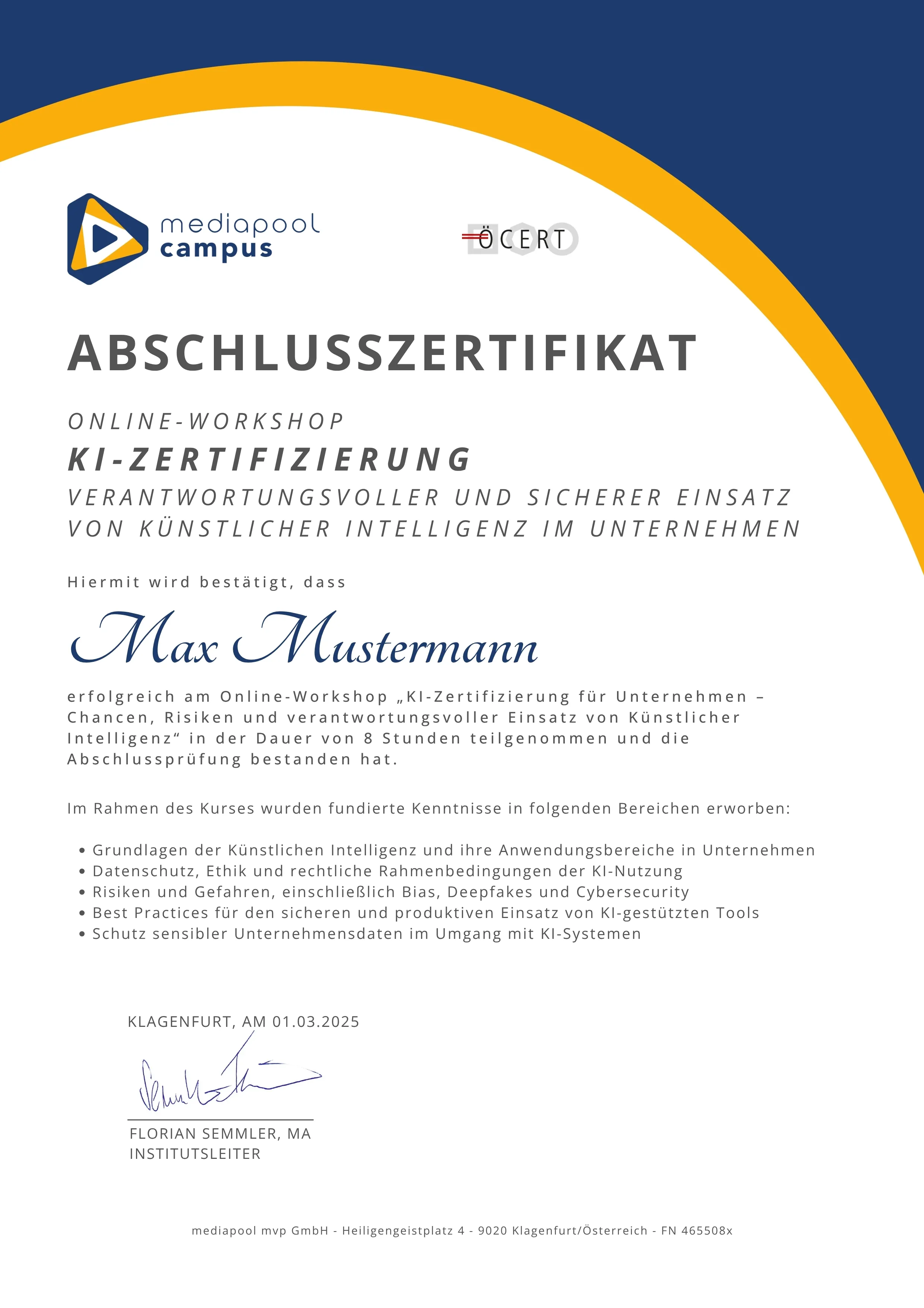 Beispiel: Abschlusszertifikat KI-Zertifizierung mediapool campus