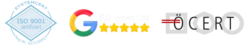 ISO 9001 SYSTEMCERT, Google Bewertung 5,0 Sterne, ÖCERT