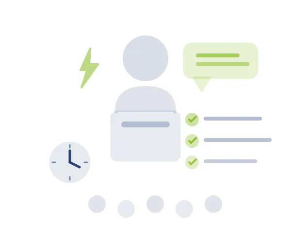 Illustration Impulsvortrag: Rednerfigur am Pult, Blitz, Sprechblase, Checkliste und Uhr in Grau und Grün