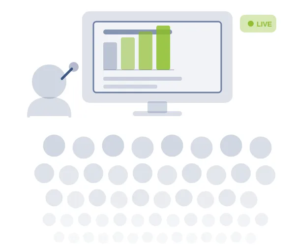 Illustration Keynote: Referent mit Headset, Bildschirm mit Balkendiagramm, LIVE-Hinweis und Publikum als Kreise