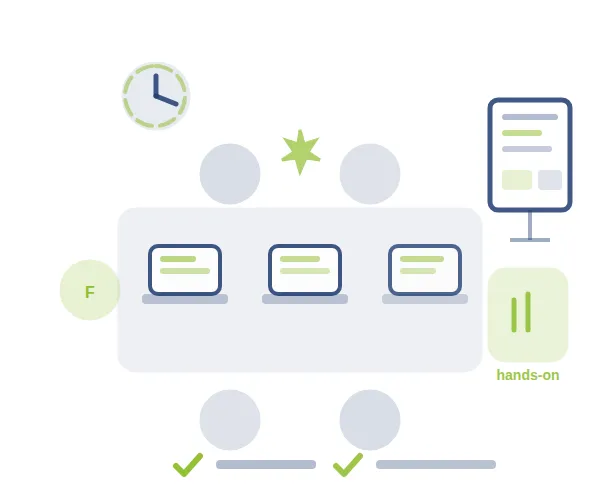 Illustration Workshop: Personen am Tisch mit Laptops, Uhr, Monitor und hands-on-Badge in Grau, Blau und Grün