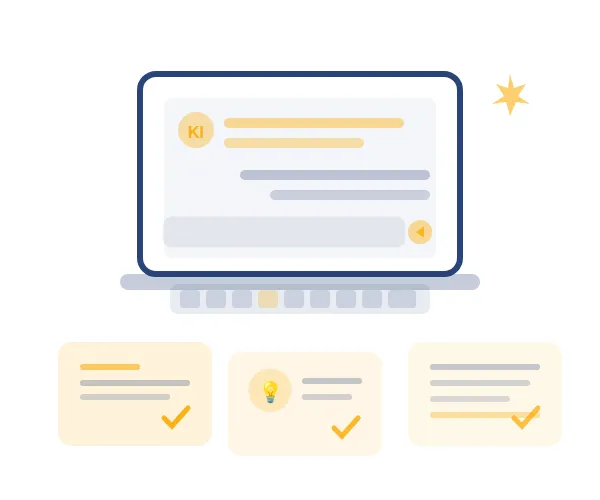 Illustration Modul 2: Laptop mit KI-Chat und praktischen Anwendungsbeispielen